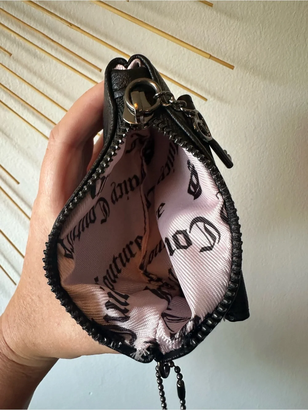 Juicy Couture Black Zip Card Wallet Keychain Bag Charm w/ Sequin Heart NWOT